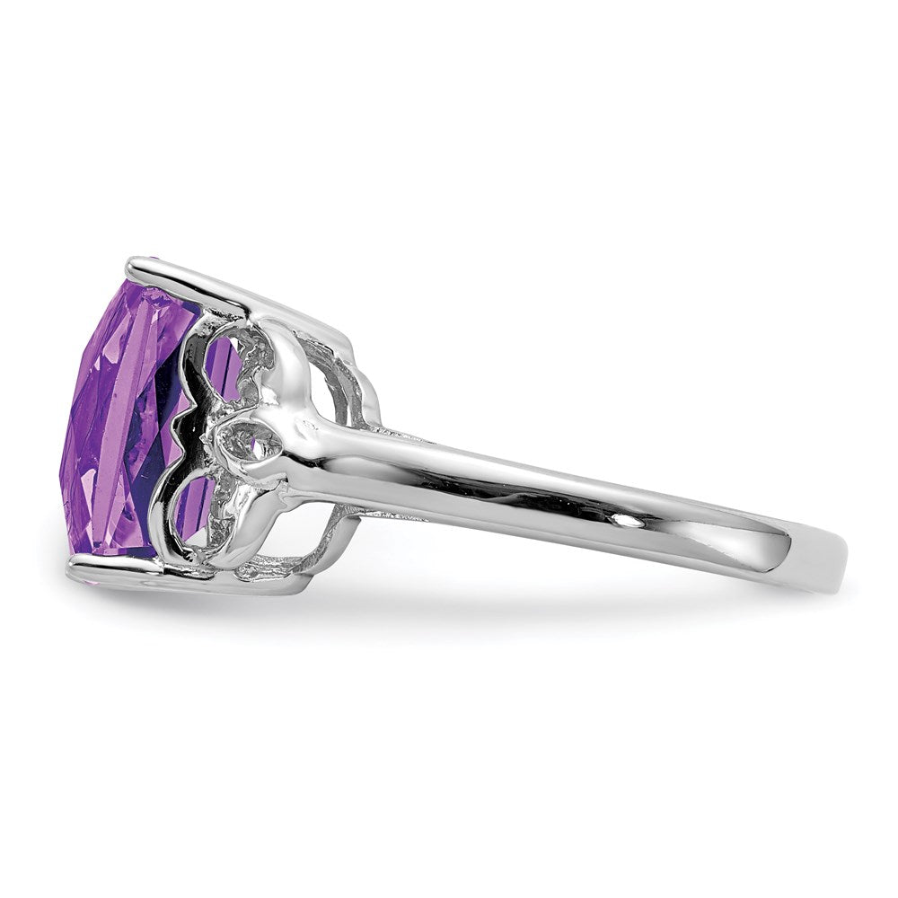 Sterling Silver Rhodium-plated Checker-Cut Amethyst Ring