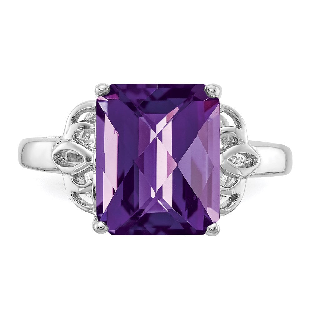 Sterling Silver Rhodium-plated Checker-Cut Amethyst Ring