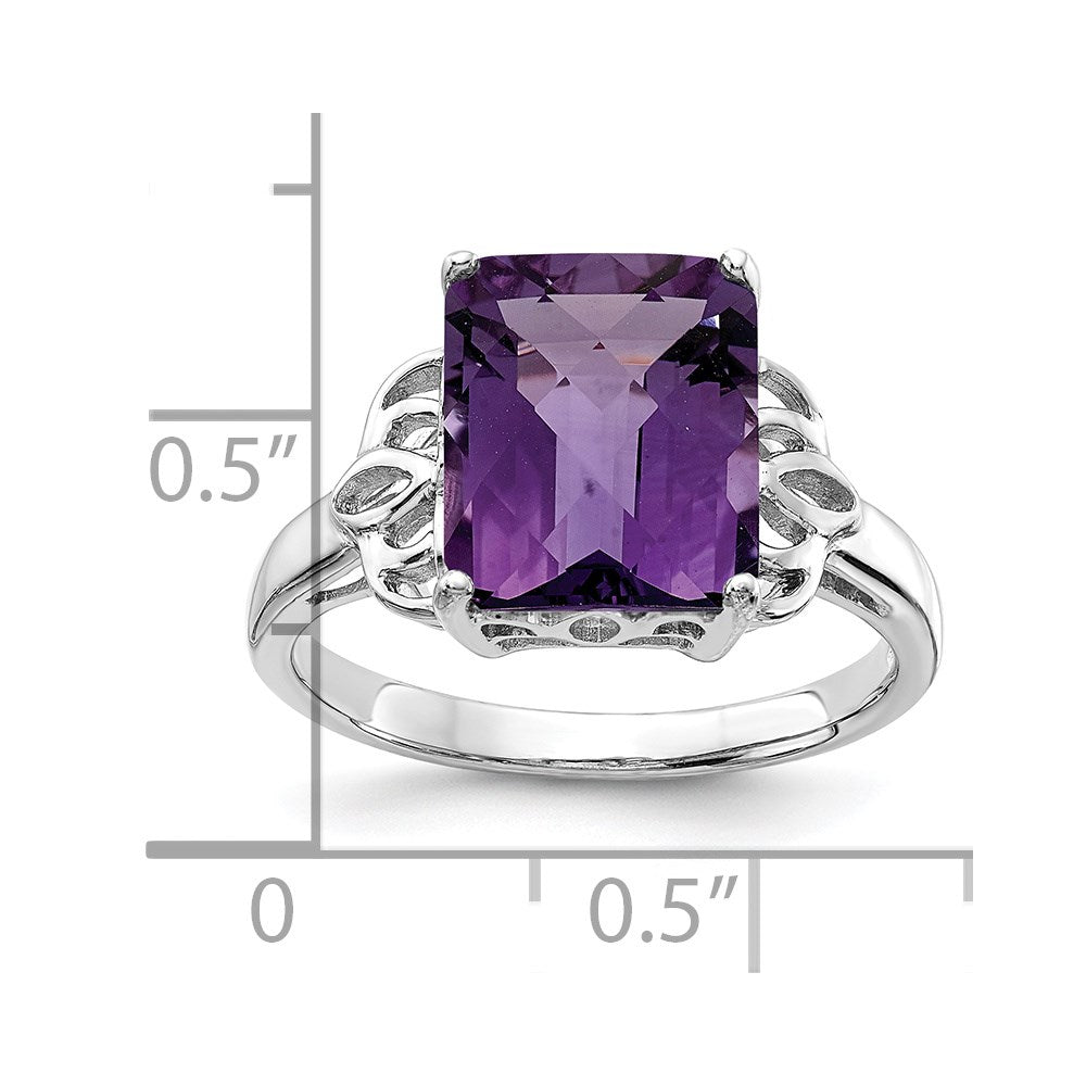 Sterling Silver Rhodium-plated Checker-Cut Amethyst Ring