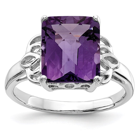 Sterling Silver Rhodium-plated Checker-Cut Amethyst Ring