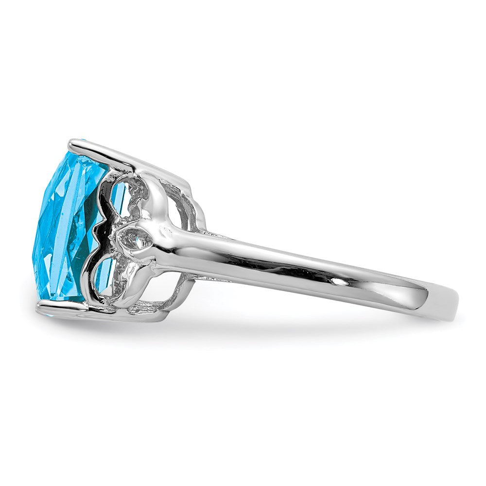 Sterling Silver Rhodium Checker-Cut Blue Topaz Ring