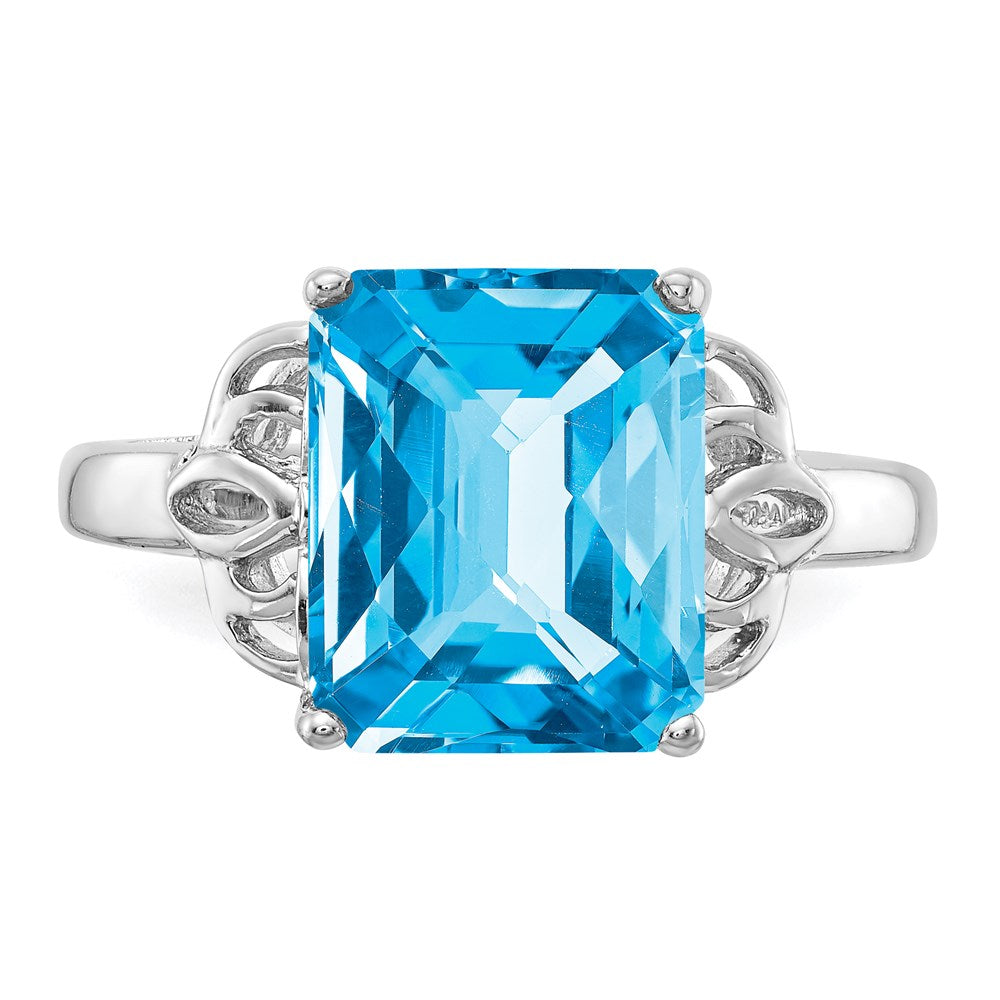 Sterling Silver Rhodium Checker-Cut Blue Topaz Ring