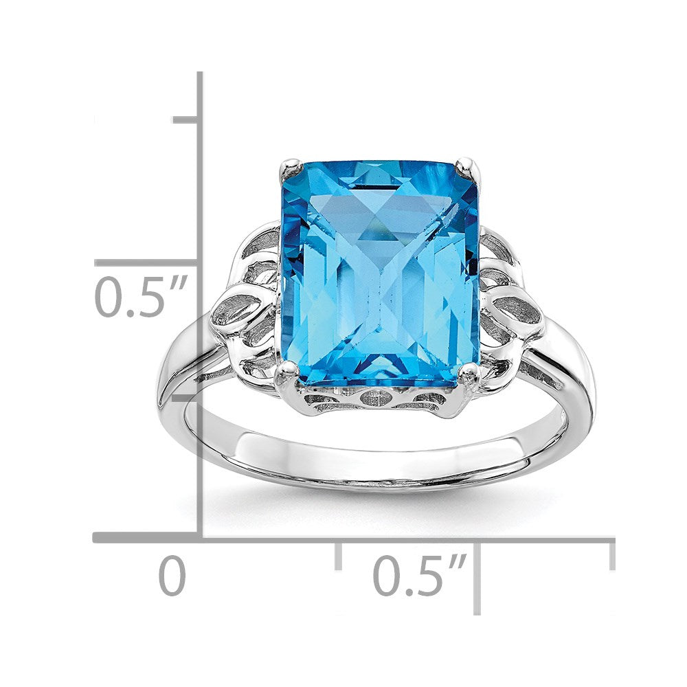 Sterling Silver Rhodium Checker-Cut Blue Topaz Ring