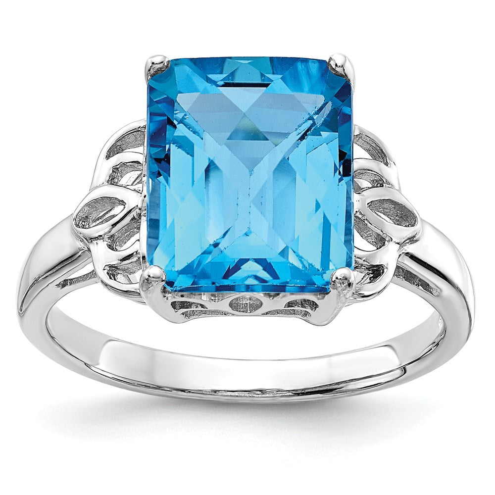 Sterling Silver Rhodium Checker-Cut Blue Topaz Ring