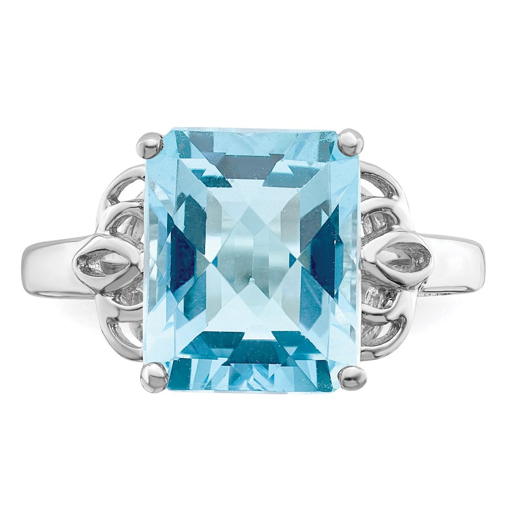 Sterling Silver Rhodium Checker-Cut Sky Blue Topaz Ring