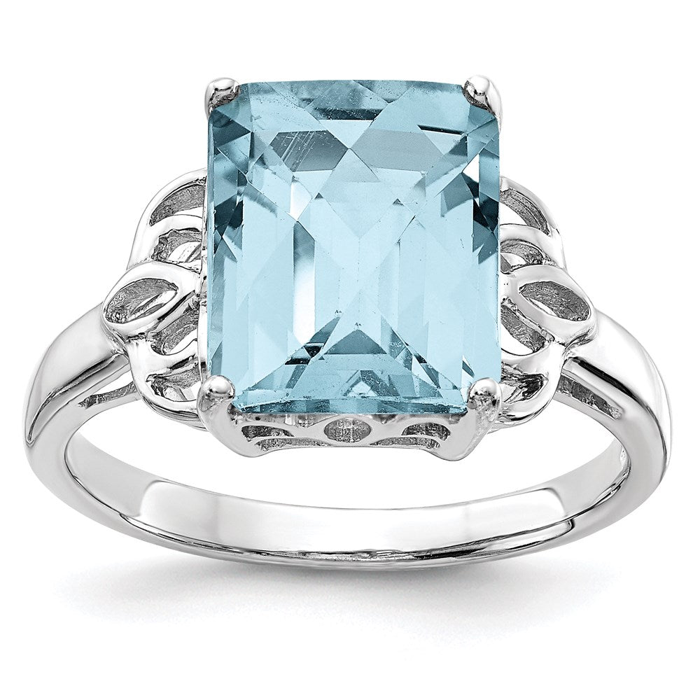 Sterling Silver Rhodium Checker-Cut Sky Blue Topaz Ring