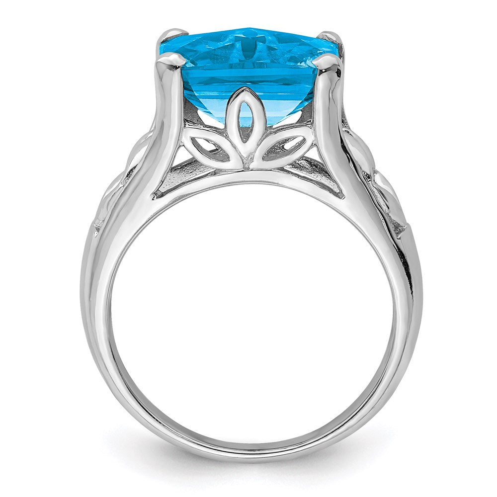 Sterling Silver Rhodium Checker-Cut Blue Topaz Ring