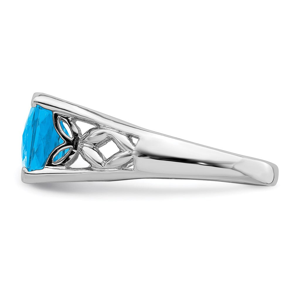 Sterling Silver Rhodium Checker-Cut Blue Topaz Ring