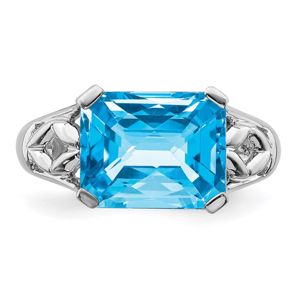 Sterling Silver Rhodium Checker-Cut Blue Topaz Ring