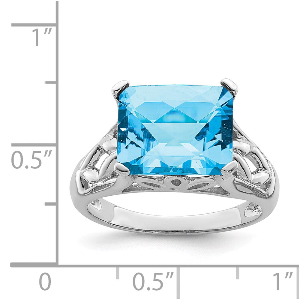 Sterling Silver Rhodium Checker-Cut Blue Topaz Ring