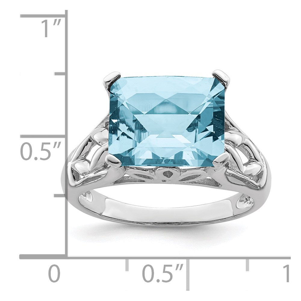 Sterling Silver Rhodium Checker-Cut Sky Blue Topaz Ring