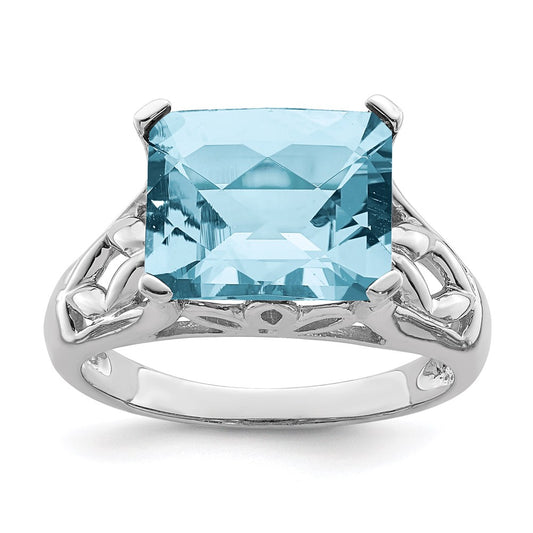 Sterling Silver Rhodium Checker-Cut Sky Blue Topaz Ring