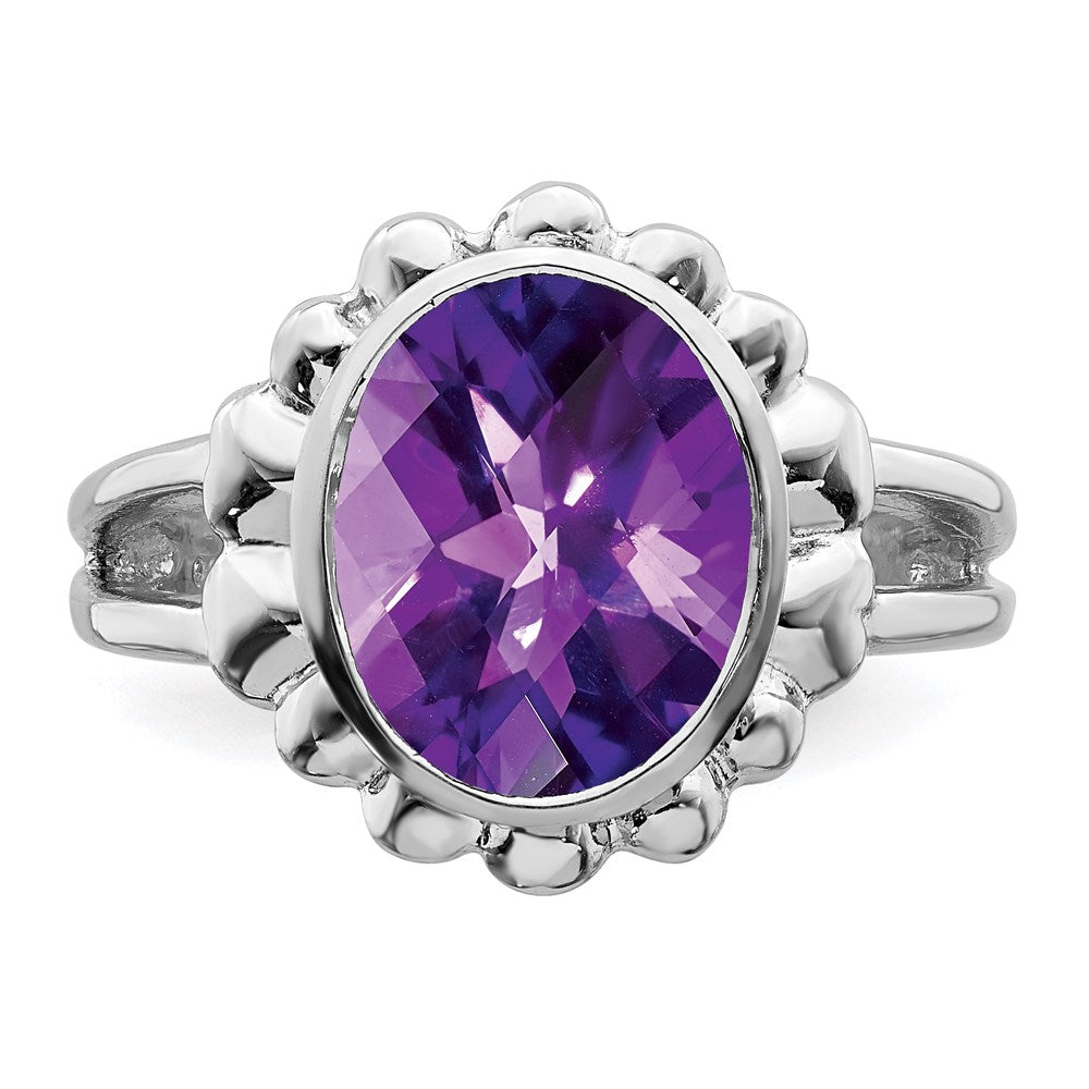 Sterling Silver Rhodium-plated Checker-Cut Amethyst Ring