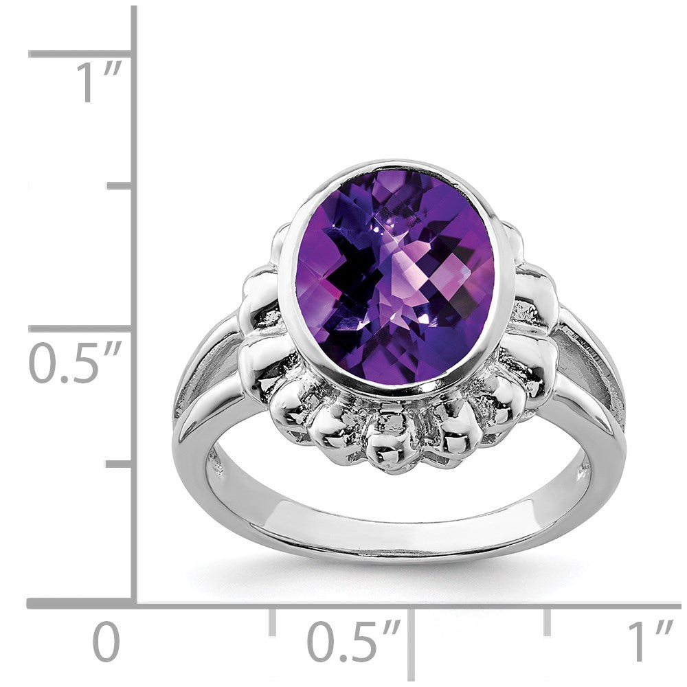 Sterling Silver Rhodium-plated Checker-Cut Amethyst Ring