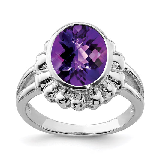 Sterling Silver Rhodium-plated Checker-Cut Amethyst Ring