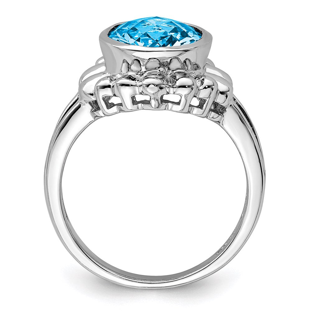 Sterling Silver Rhodium Checker-Cut Blue Topaz Ring