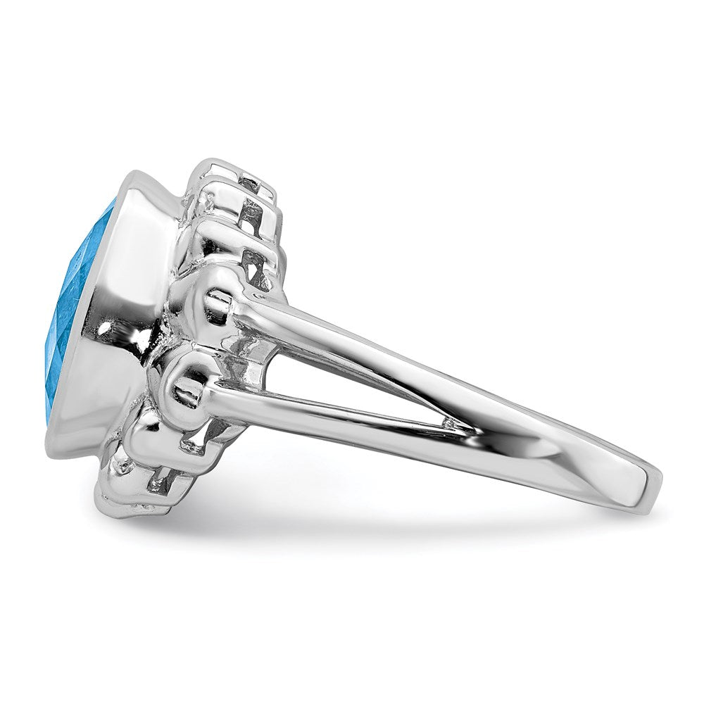 Sterling Silver Rhodium Checker-Cut Blue Topaz Ring