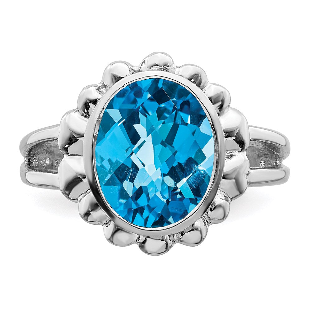 Sterling Silver Rhodium Checker-Cut Blue Topaz Ring