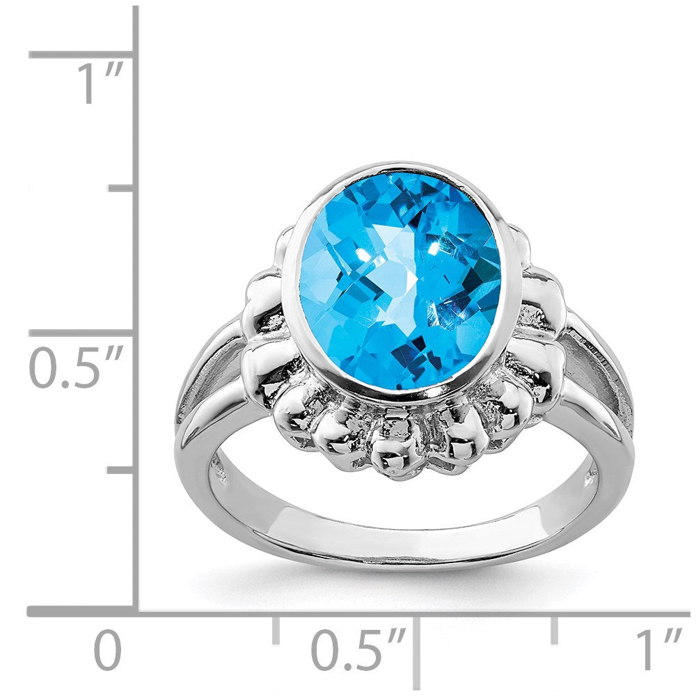 Sterling Silver Rhodium Checker-Cut Blue Topaz Ring