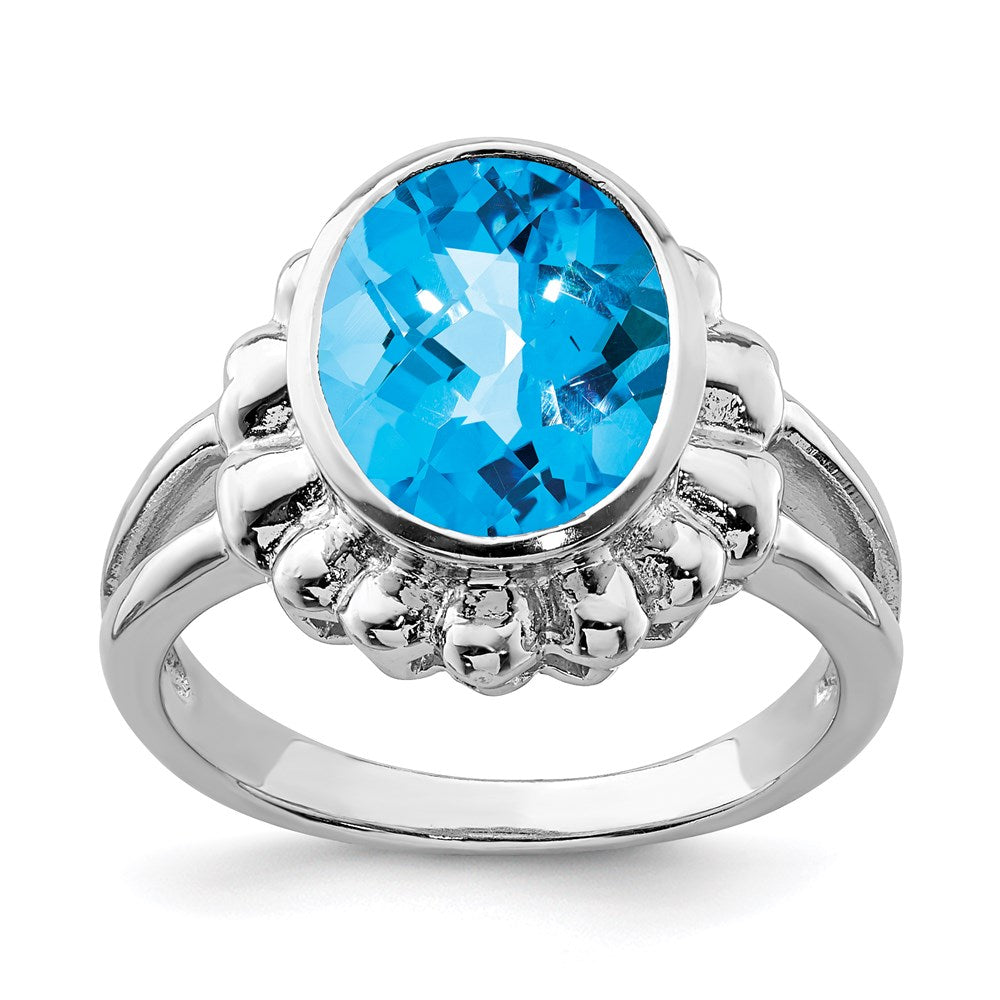 Sterling Silver Rhodium Checker-Cut Blue Topaz Ring