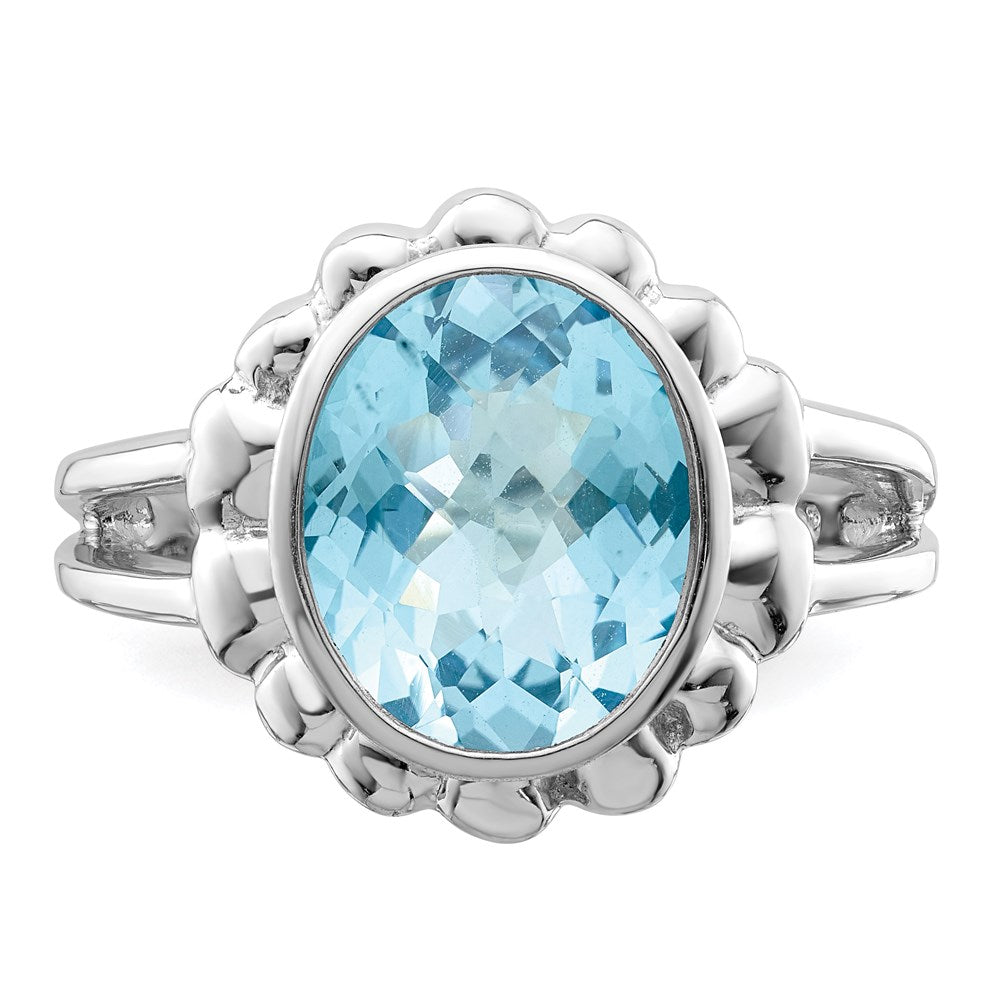 Sterling Silver Rhodium Checker-Cut Sky Blue Topaz Ring