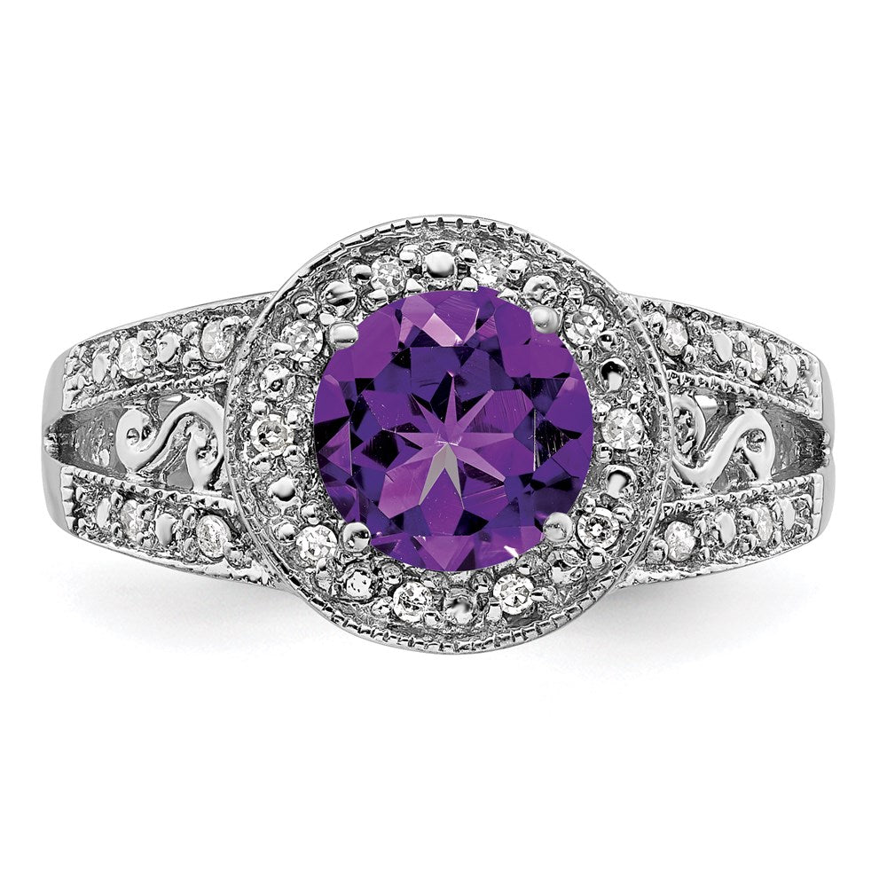 Sterling Silver Rhodium-plated Amethyst & Diamond Ring