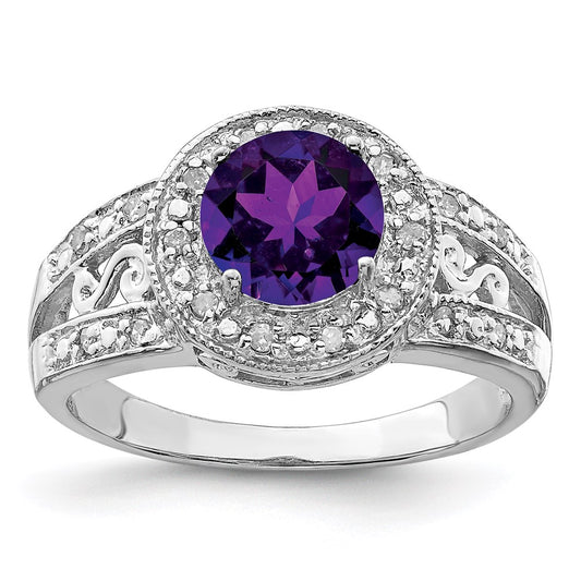 Sterling Silver Rhodium-plated Amethyst & Diamond Ring