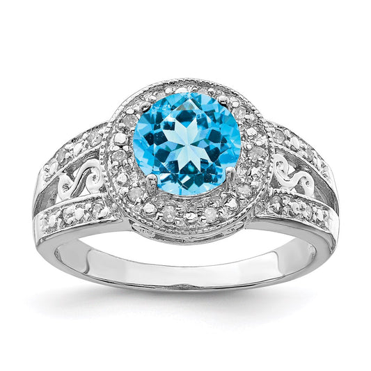 Sterling Silver Rhodium Blue Topaz & Diamond Ring