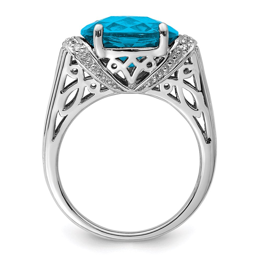 Sterling Silver Rhodium Checker-Cut Blue Topaz & Diamond Ring