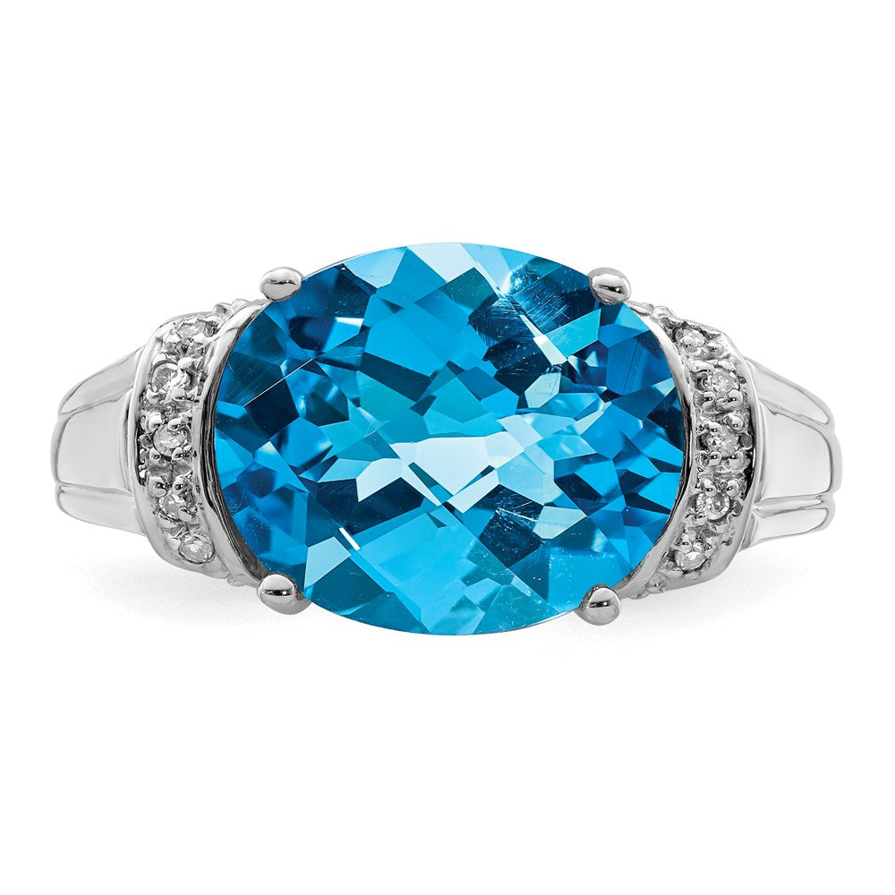 Sterling Silver Rhodium Checker-Cut Blue Topaz & Diamond Ring