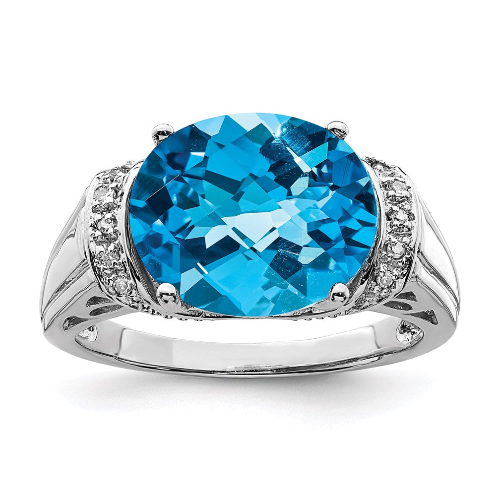 Sterling Silver Rhodium Checker-Cut Blue Topaz & Diamond Ring