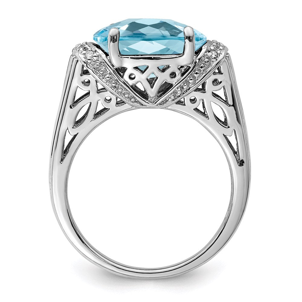 Sterling Silver Rhodium Checker-Cut Sky Blue Topaz & Diamond Ring