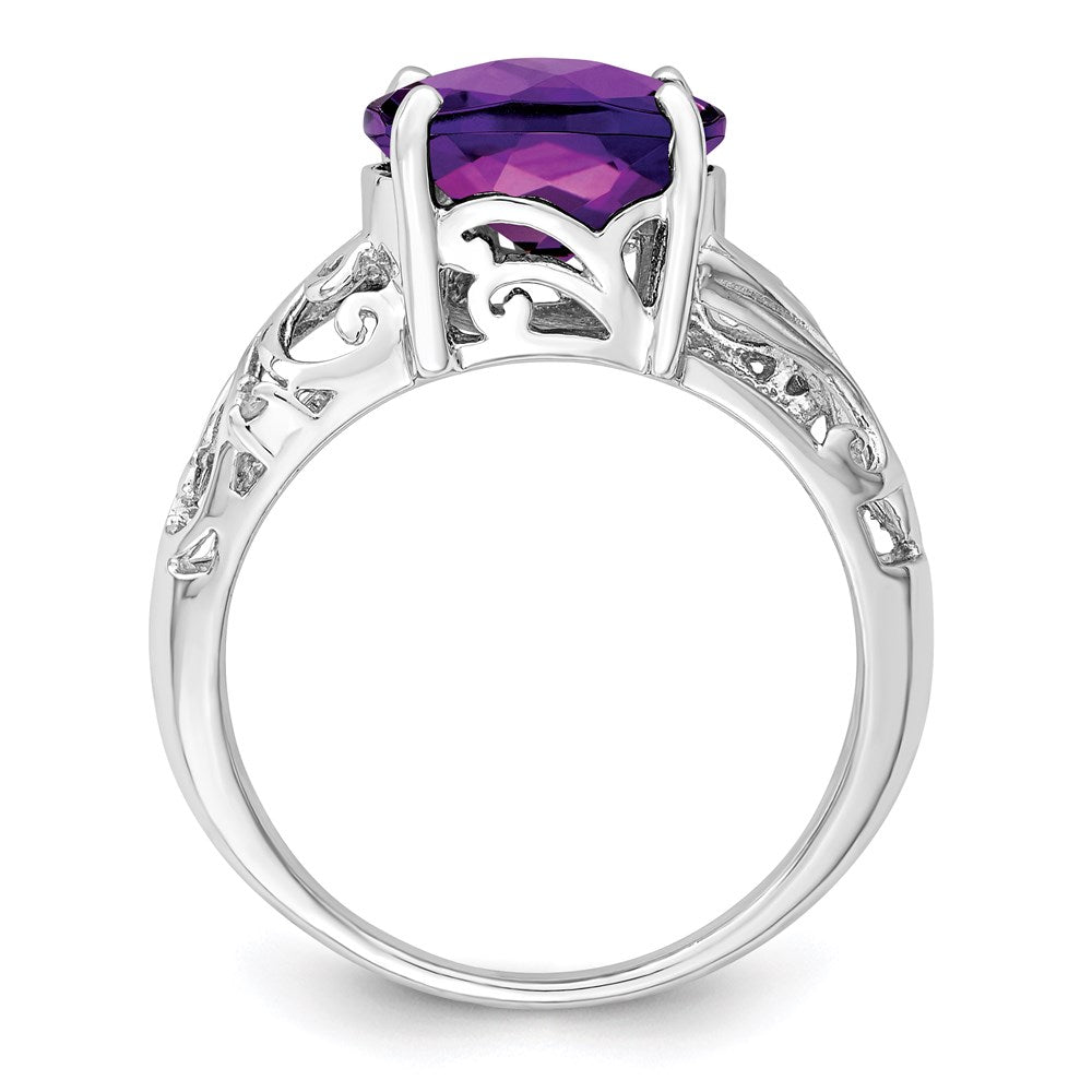 Sterling Silver Rhodium-plated Checker-Cut Amethyst & Diamond Ring