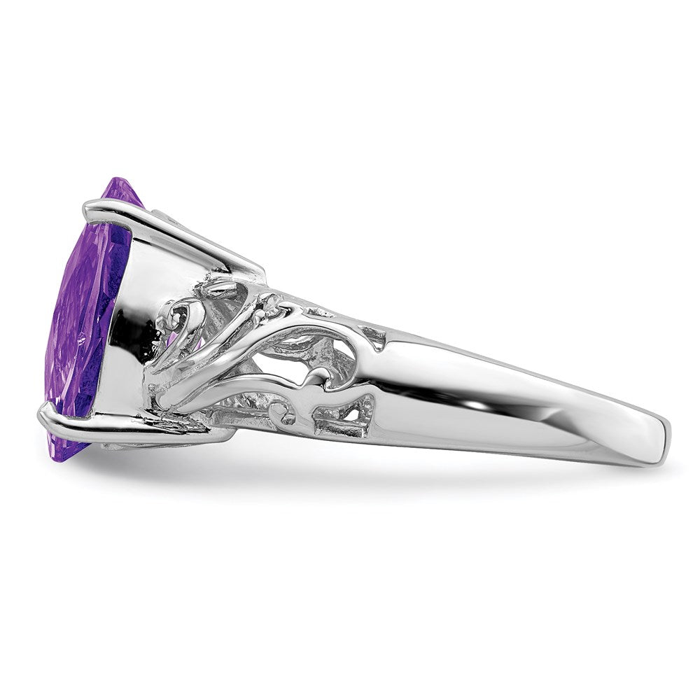 Sterling Silver Rhodium-plated Checker-Cut Amethyst & Diamond Ring