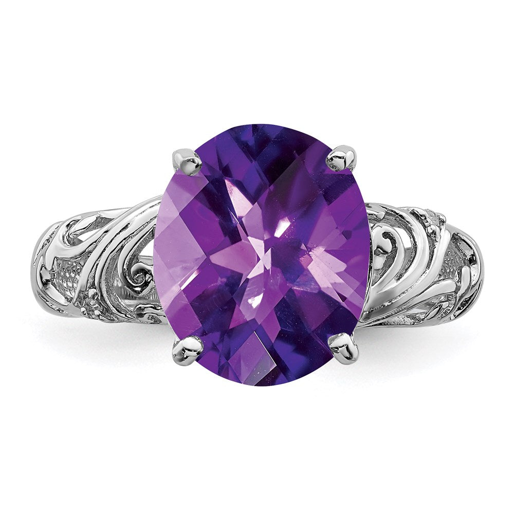 Sterling Silver Rhodium-plated Checker-Cut Amethyst & Diamond Ring