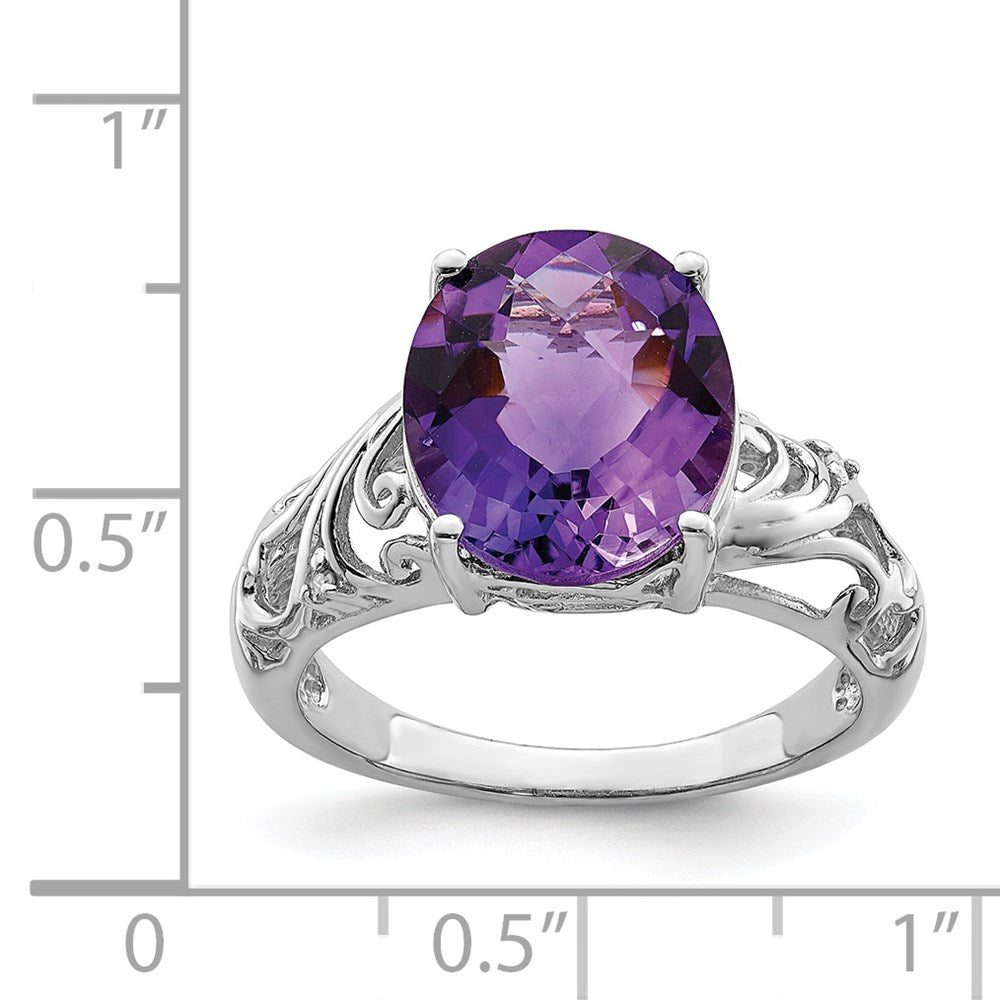 Sterling Silver Rhodium-plated Checker-Cut Amethyst & Diamond Ring