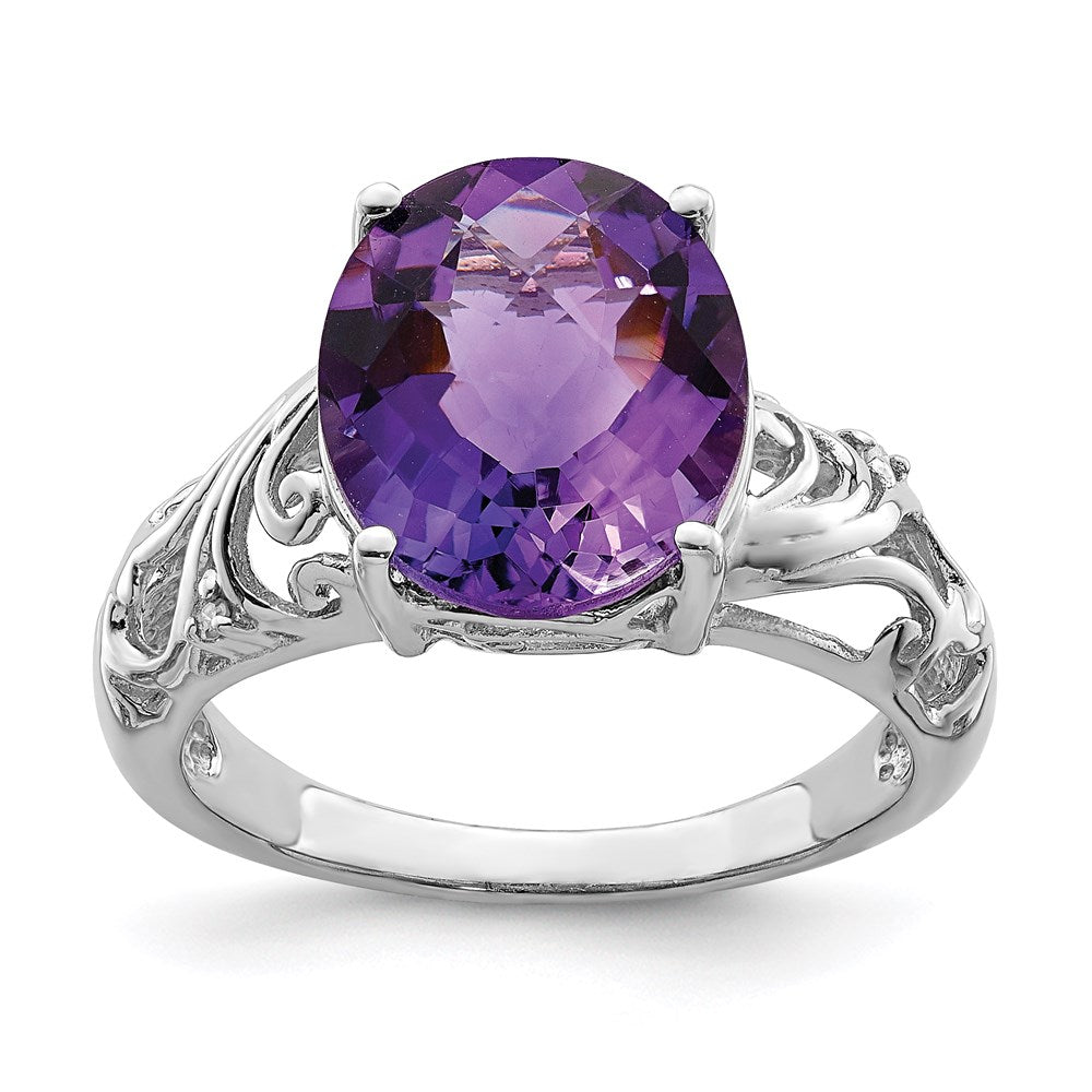 Sterling Silver Rhodium-plated Checker-Cut Amethyst & Diamond Ring