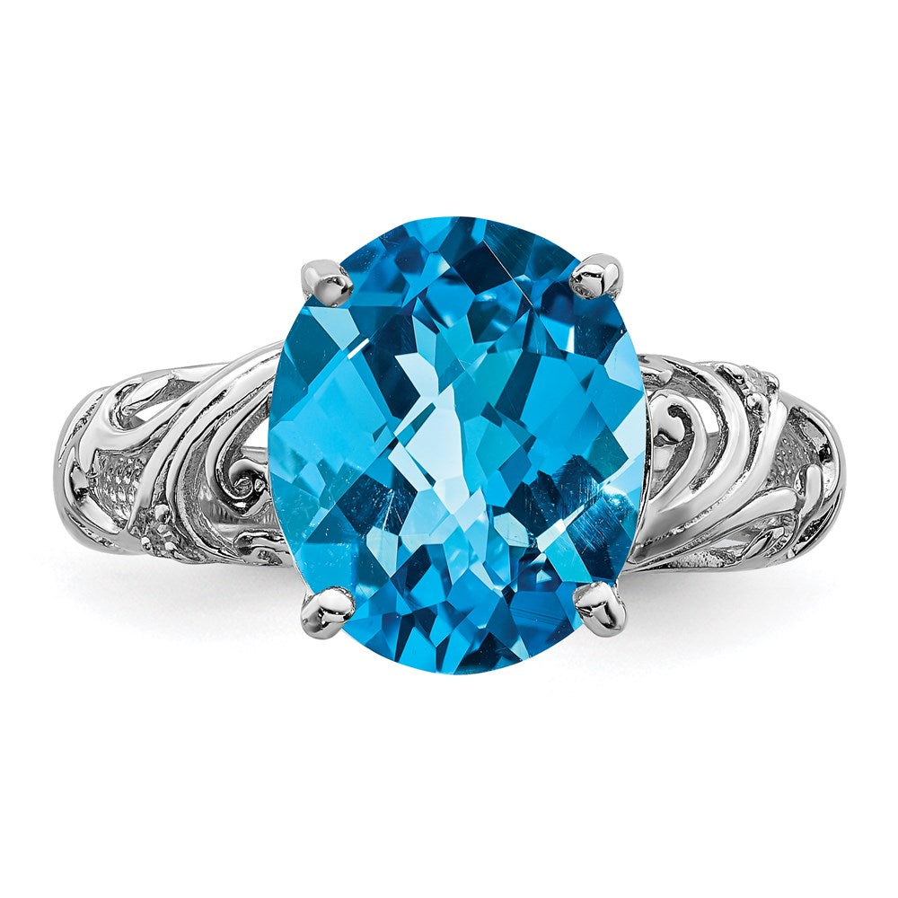 Sterling Silver Rhodium Checker-Cut Blue Topaz & Diamond Ring