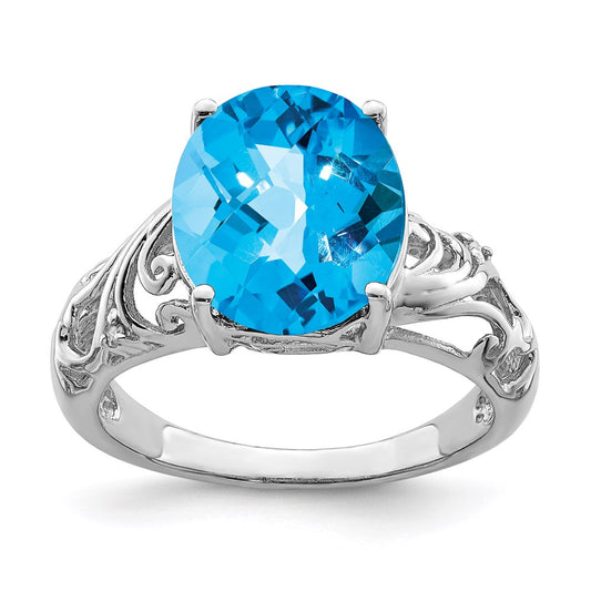 Sterling Silver Rhodium Checker-Cut Blue Topaz & Diamond Ring