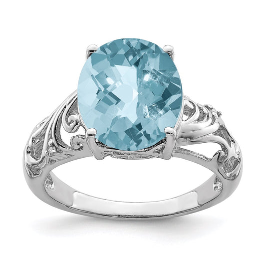 Sterling Silver Rhodium Checker-Cut Sky Blue Topaz & Diamond Ring