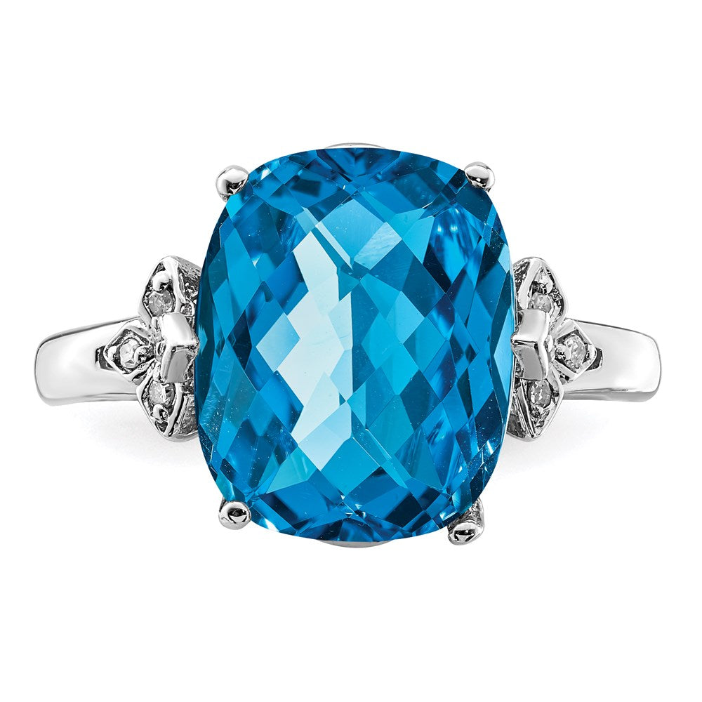 Sterling Silver Rhodium Checker-Cut Blue Topaz & Diamond Ring