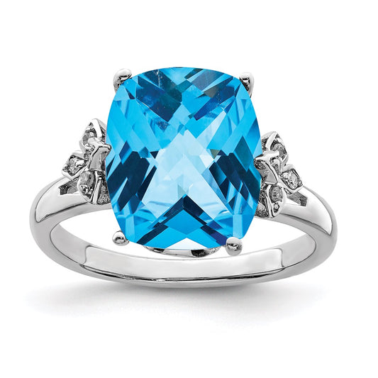 Sterling Silver Rhodium Checker-Cut Blue Topaz & Diamond Ring