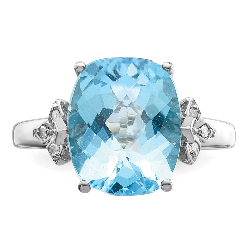 Sterling Silver Rhodium Checker-Cut Sky Blue Topaz & Diamond Ring