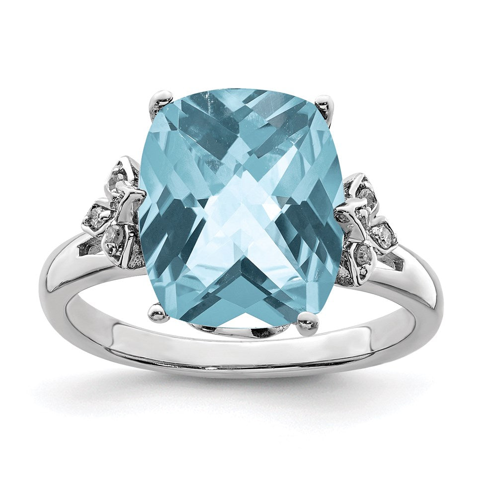 Sterling Silver Rhodium Checker-Cut Sky Blue Topaz & Diamond Ring