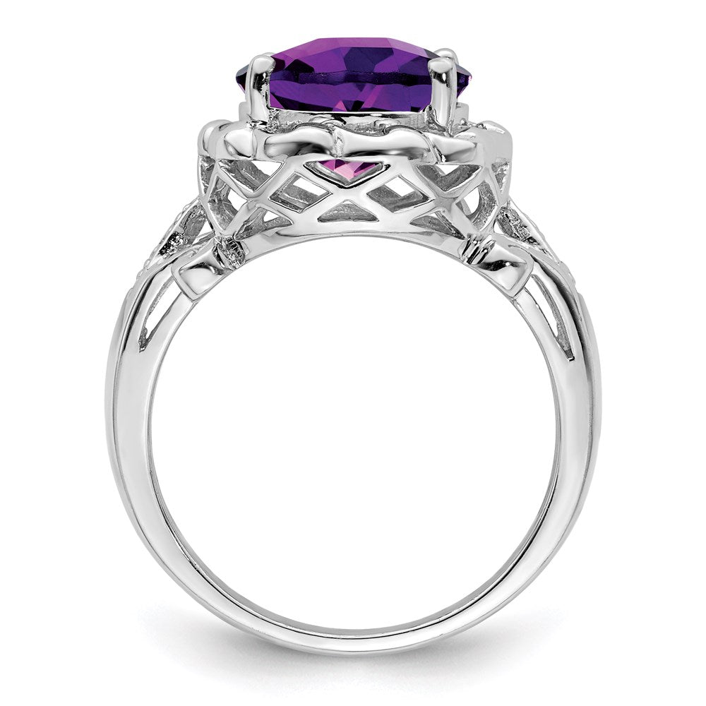 Sterling Silver Rhodium-plated Checker-Cut Amethyst & Diamond Ring