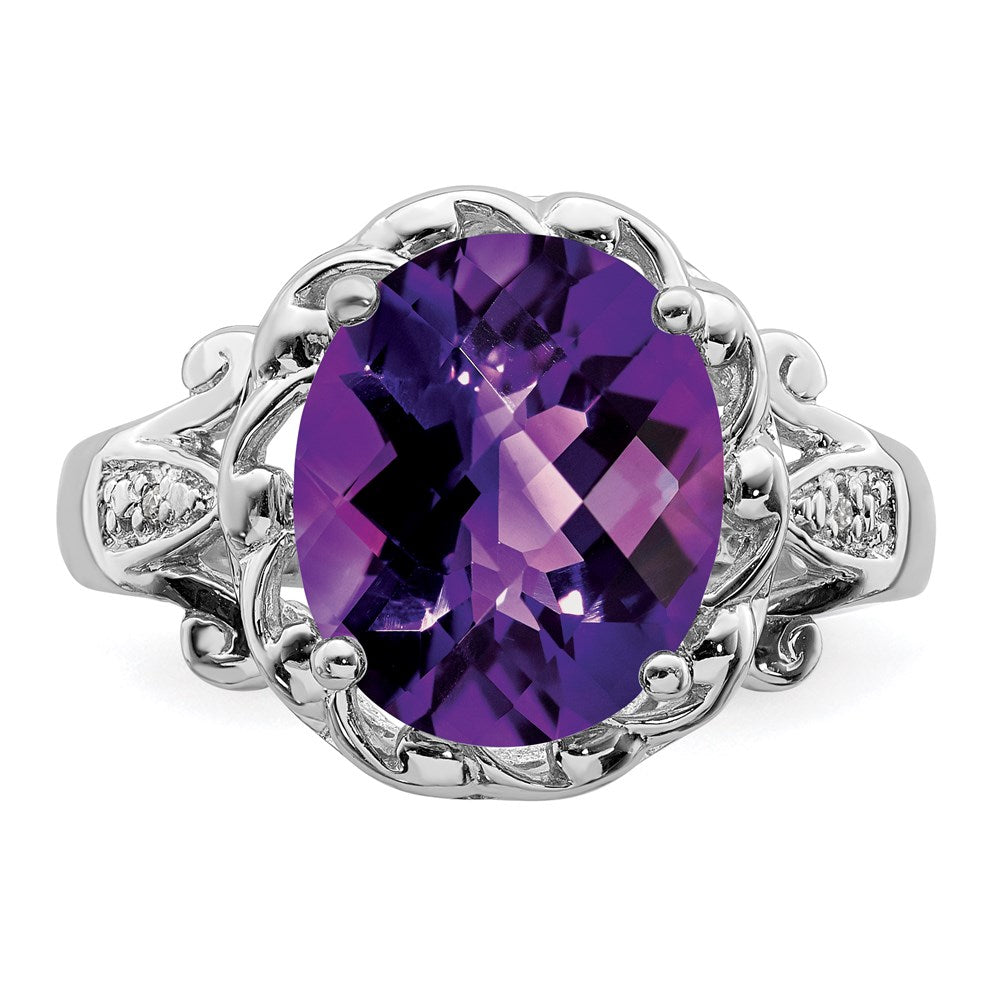 Sterling Silver Rhodium-plated Checker-Cut Amethyst & Diamond Ring