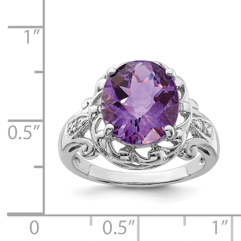 Sterling Silver Rhodium-plated Checker-Cut Amethyst & Diamond Ring