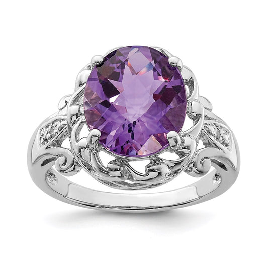 Sterling Silver Rhodium-plated Checker-Cut Amethyst & Diamond Ring