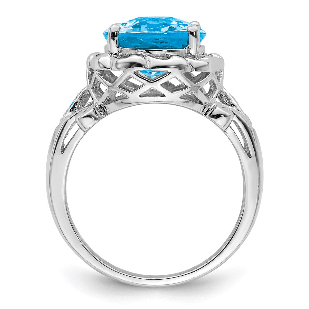 Sterling Silver Rhodium Checker-Cut Blue Topaz & Diamond Ring