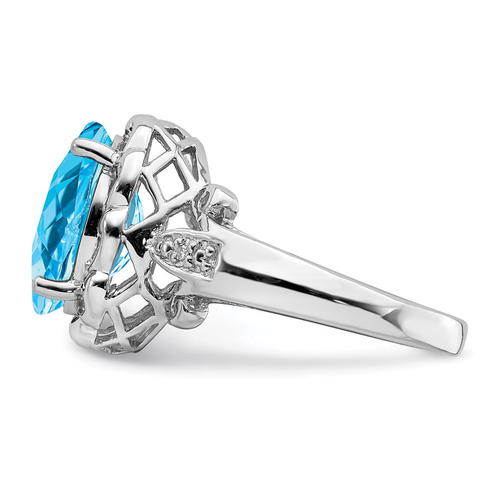 Sterling Silver Rhodium Checker-Cut Blue Topaz & Diamond Ring